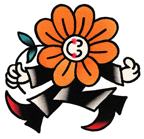 Hand painted image by Mark Pickman, also goes by M Pickman, of a man walking forward wearing boots with his arms swinging, one forwards, one back. He's holding a flower with a smiley face in the center of the flower in his forward hand. The flower tilts back covering his face making it appear as though the smiley face on the flower is the man's face. This is an image that is available to be tattooed.